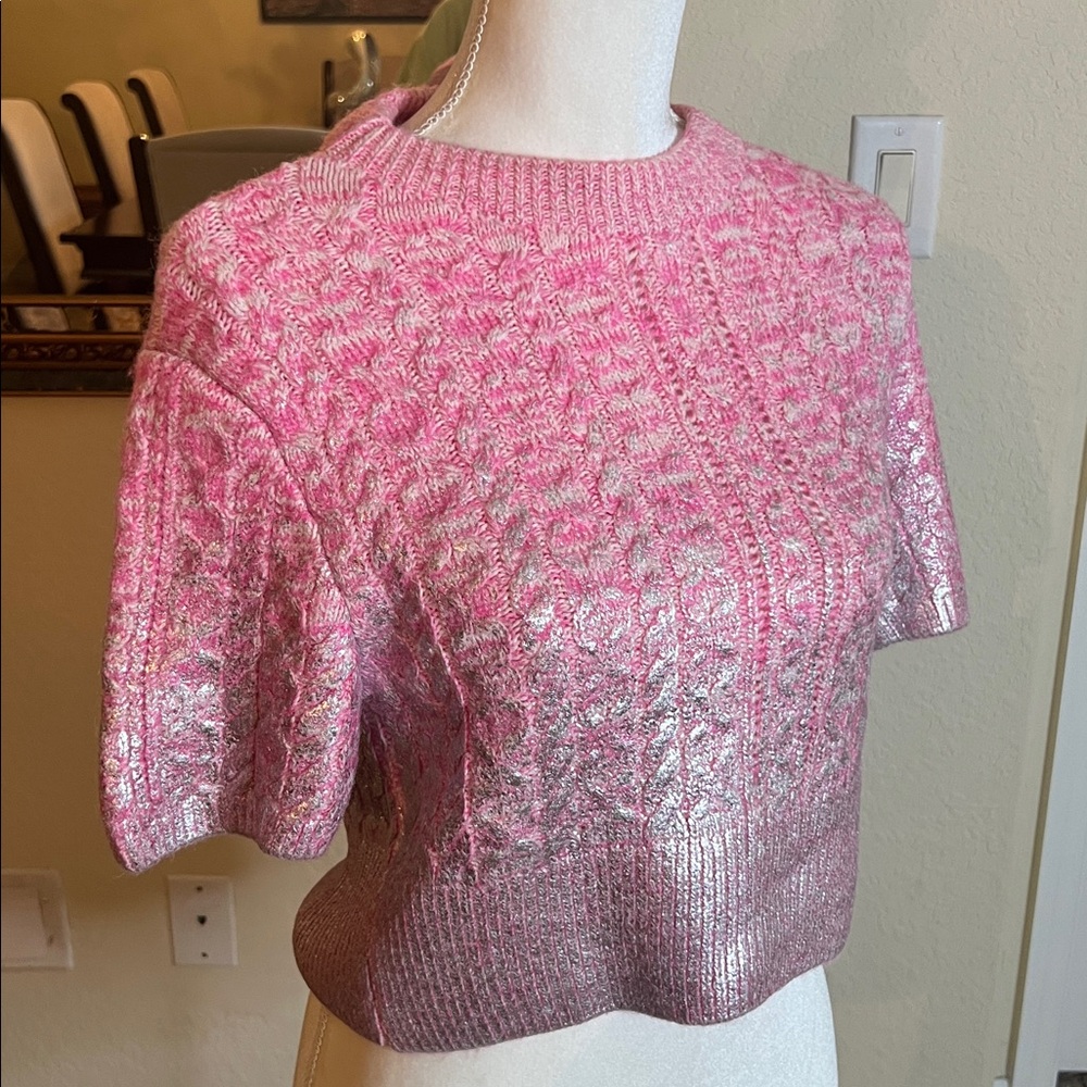 Zara Pink Metallic Short-Sleeve Cable Knit Sweater - Picture 7 of 17